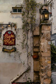 Rustic outdoor view of a Paris wine cellar with climbing vine and vintage sign.
