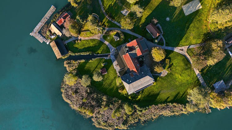 Drone Shot Of Houses Near Lake