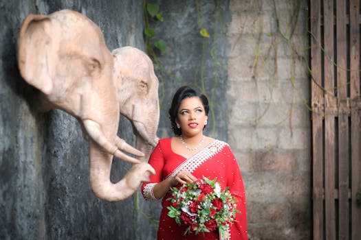 Woman in a red sari holding a bouquet, standing by elephant sculptures on a textured wall.