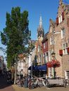 Traditional Buildings and the Tower of the Nieuwe Kerk in Delft, Netherlands
