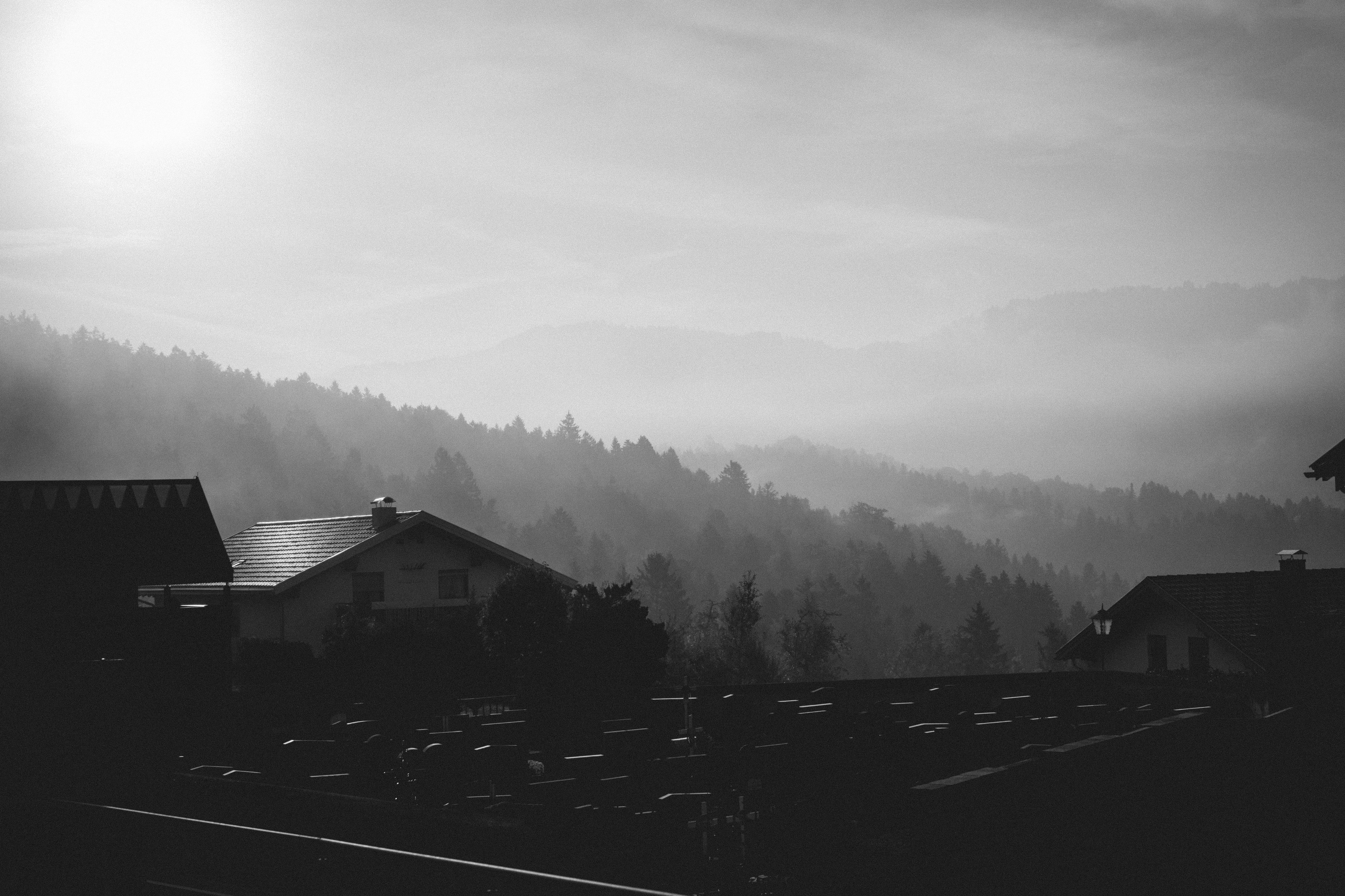 Monochrome view of houses and trees in a foggy mountain landscape.