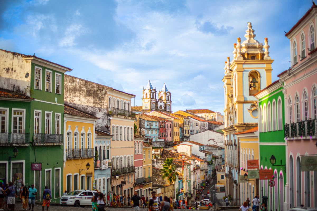 Vibrant colonial architecture of Pelourinho, Salvador's historic district, showcasing traditional Brazilian design.