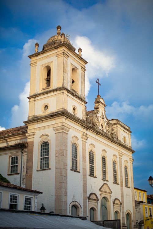 Free Neoclassical church in Salvador, Brazil with a clear blue sky. Iconic landmark in Bahia. Stock Photo