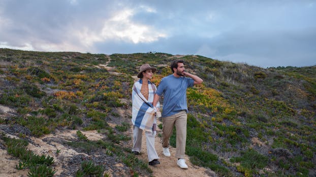 Couple walking along a scenic coastal path, surrounded by lush hills and a dramatic sky.