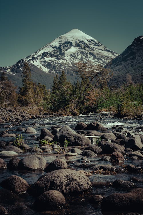 Rocky Stream and the Lanin Volcano in Lanin National Park, Patagonia, Argentina