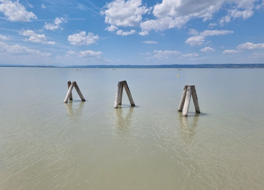 Peaceful scene of Lake Neusiedl with wooden posts and blue sky in Austria.