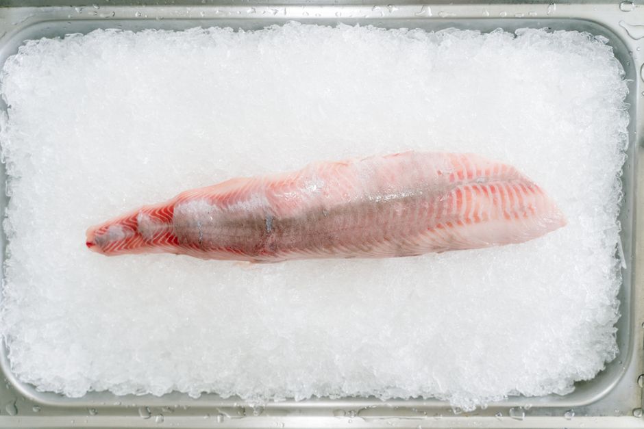 Two pale pink-orange orange roughy fillets resting on crushed ice, showing their firm, translucent flesh.