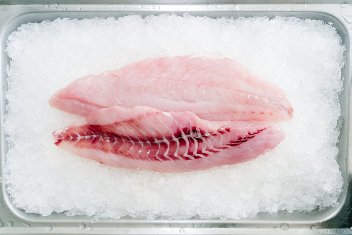 Filetti di pesce freschi disposti su un letto di ghiaccio