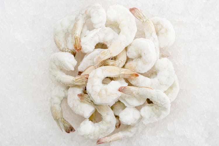 Raw Frozen Shrimp In Close Up Shot