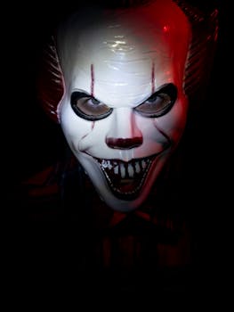 Close-up of a terrifying clown mask, perfect for Halloween themes or horror concepts.