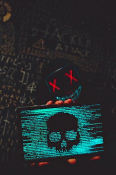 Mysterious hacker with neon mask holding a tablet displaying digital skull against a dark backdrop.