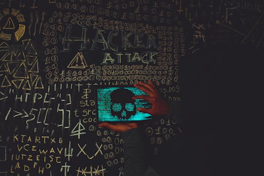 A hacker in a black hoodie using a tablet displaying a skull, surrounded by chalk symbols and 'Hacker Attack' text.