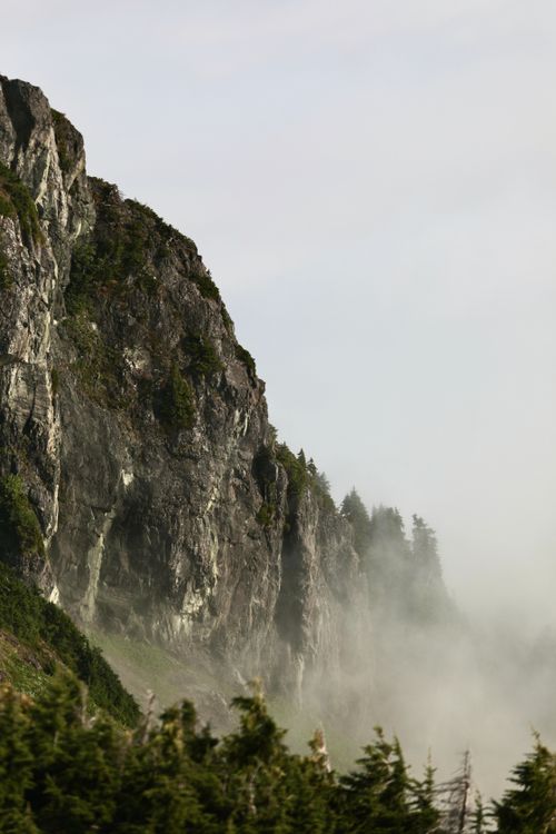 Free A dramatic cliffside surrounded by fog and mist, capturing the beauty of nature. Stock Photo