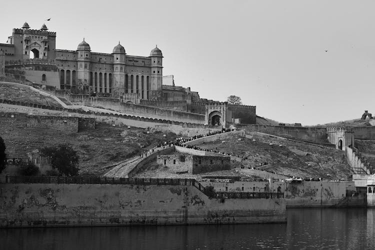 A Grayscale Of The Amber Palace In India