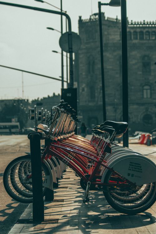 Free Row of red bicycles parked on a sunny street in Ciudad de México. Stock Photo