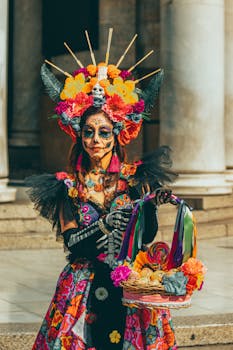 Colorful Day of the Dead costume with floral headpiece and basket, embodying Mexican tradition.