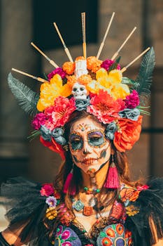Colorful portrait of a woman in traditional Día de los Muertos attire with elaborate face paint and floral headdress.