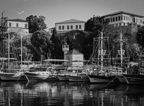 A Grayscale of Boats Docked in a Marina