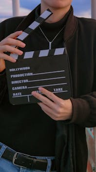 Vertical shot of a person holding a movie clapperboard, symbolizing filmmaking.