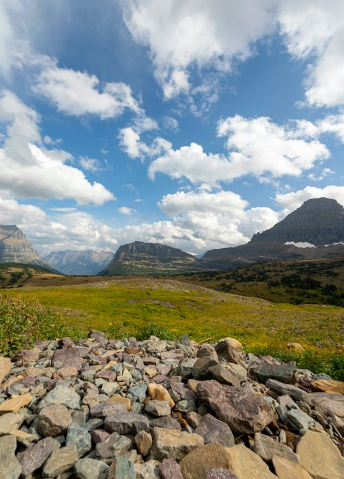 Rocks on Grassland Near Mountains