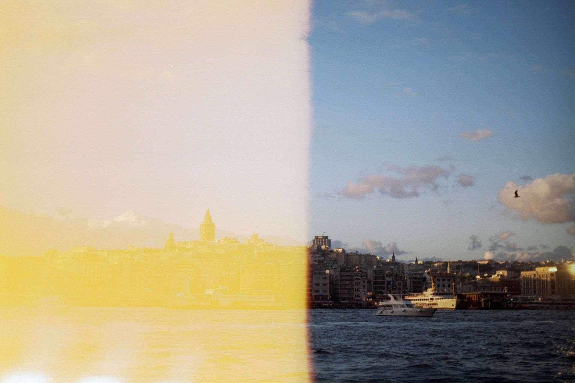 City skyline with a unique light leak effect, capturing a serene waterfront view.