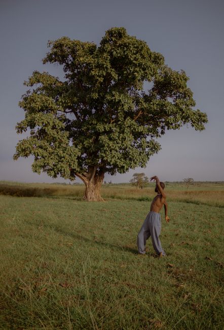 A shirtless man in gray pants dances joyfully in a sunlit field with a large tree.