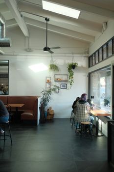 Bright café interior featuring skylights, hanging plants, and customers working on laptops.