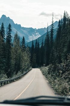 Explore the serene beauty of a mountain road in Banff with lush forests and towering peaks.