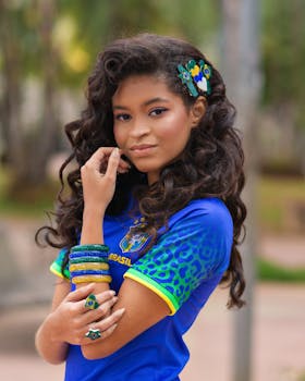 A woman in a Brazil soccer jersey posing confidently outdoors, with vibrant accessories.