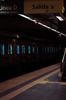 Dimly lit Buenos Aires subway station showcasing a train at platform Linea D.