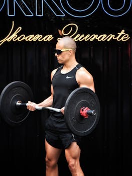 A muscular man lifting a barbell in an urban setting with neon signs.