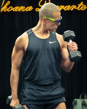 Bald man in sunglasses lifting dumbbells for an outdoor workout in Mexico City.