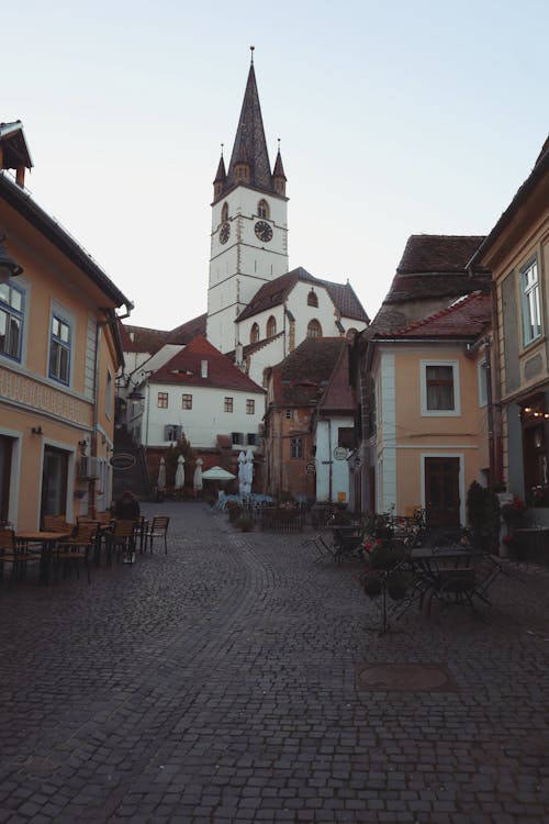 Street in Town with Church behind 