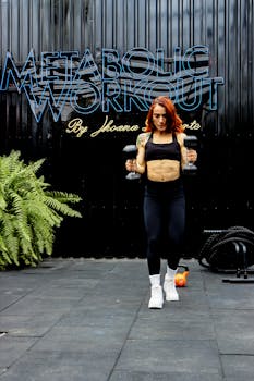 A woman works out with dumbbells in an outdoor gym in Mexico City, showcasing strength and fitness.
