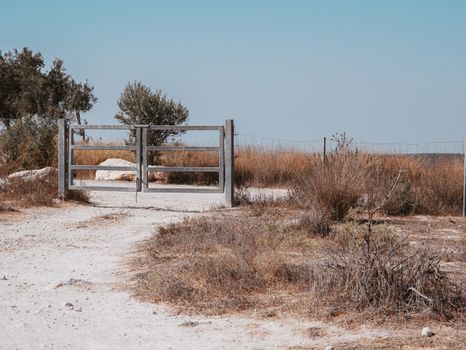 A rustic wooden gate in a serene countryside setting at Beit Guvrin, Israel.