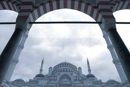 Symmetrical Low Angle Shot of a Mosque and Arches