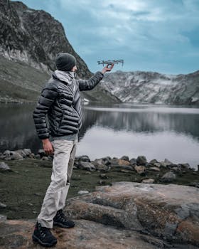Man in winter clothing holding a drone near a tranquil mountain lake surrounded by rugged terrain.