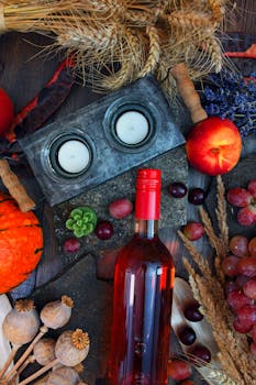 这幅充满活力的秋季静物画，以酒瓶、水果和季节性收获为装饰特色