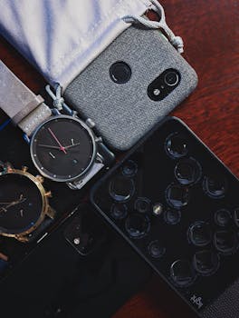 A detailed close-up view of luxury watches and modern smartphones on a wooden surface.