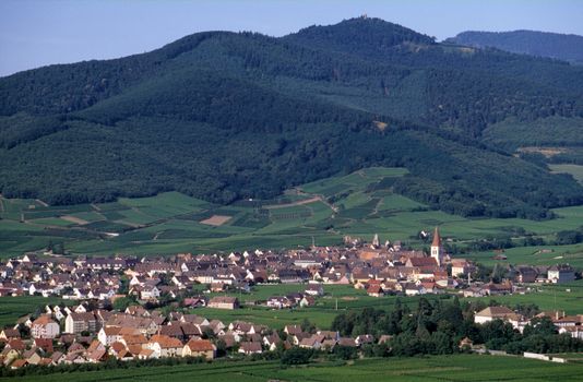 Scenic view of Munster village nestled against lush hills in Alsace, France.
