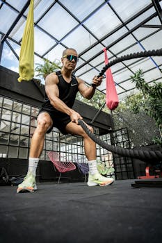 Adult man working out with battle ropes in an urban indoor gym setting.