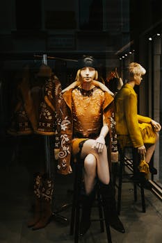 Stylish window display featuring fashionable mannequins in a chic boutique setting.