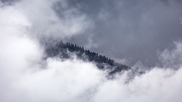 A misty mountain ridge enveloped by thick clouds, creating a serene and mysterious atmosphere.