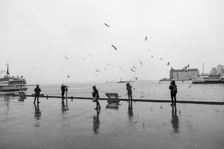 People Walking On A Promenade In Rain