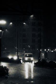 Van driving on a rainy night street, illuminated by streetlights and reflections.