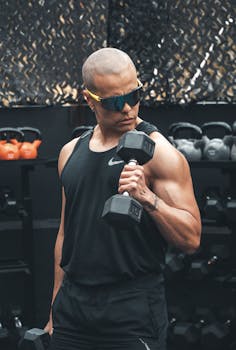 Muscular man in sunglasses lifting a dumbbell at a gym, emphasizing strength and fitness.