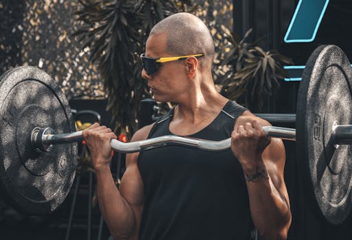 A muscular man lifts a barbell in an outdoor gym setting, showcasing strength and fitness.