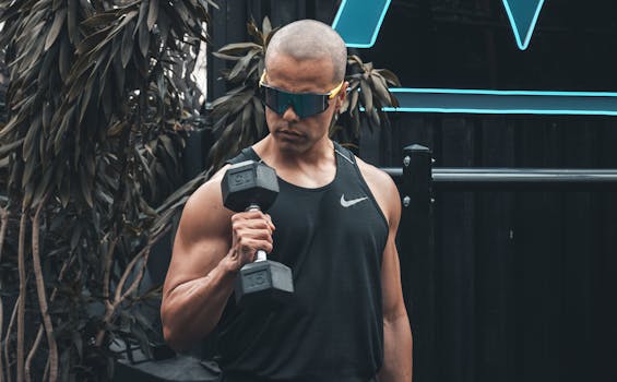 A muscular man in sunglasses lifts a dumbbell outdoors, showcasing fitness and strength.