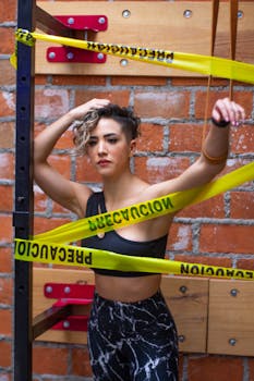 Strong woman posing confidently indoors with equipment and caution tape in a gym setting.