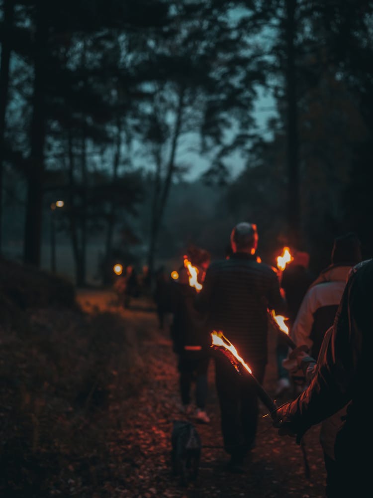 People Carrying Torches At Night